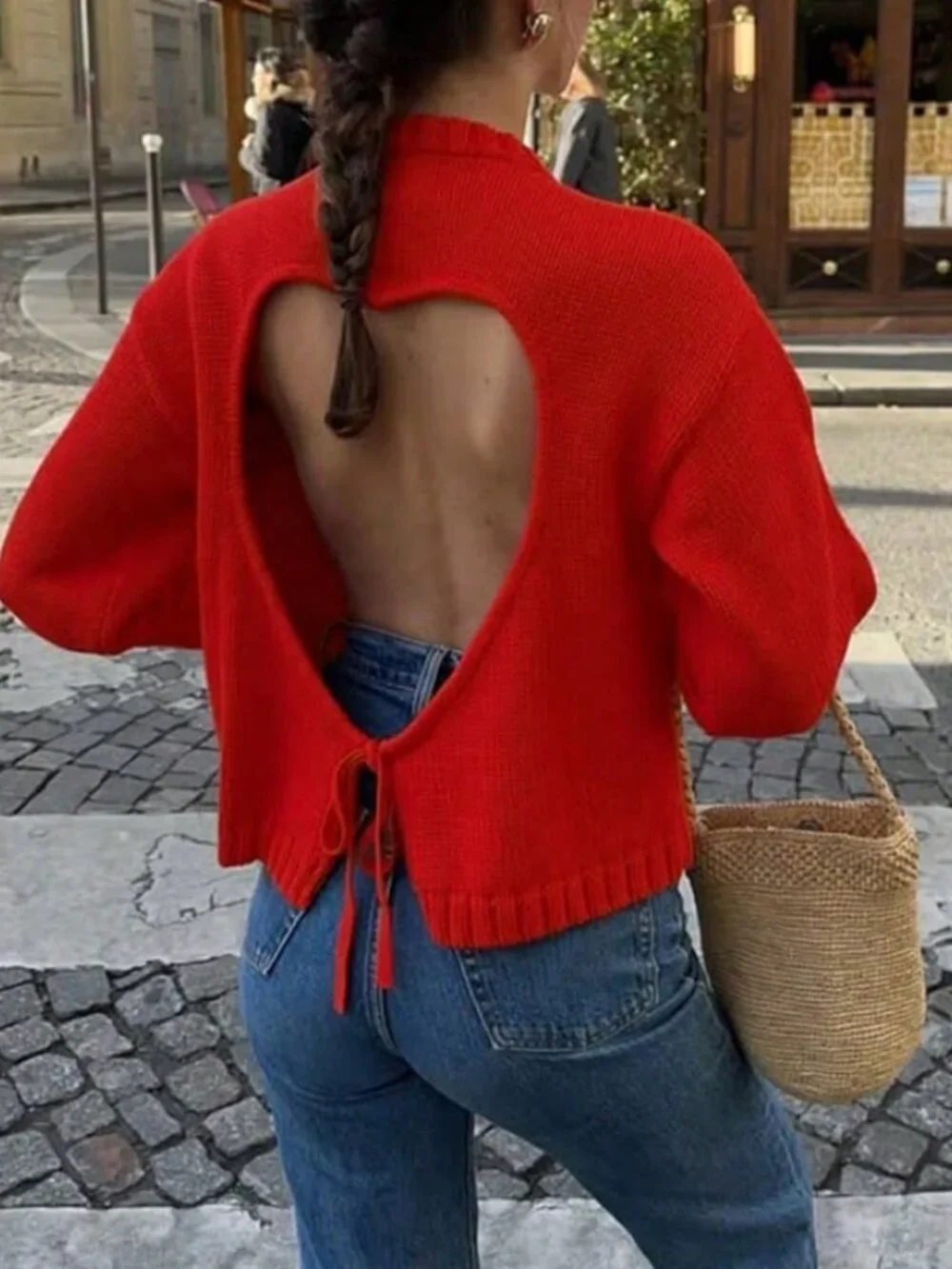 Red Casual Women's Elegant Regular Fit Round Neck Plain Pullovers